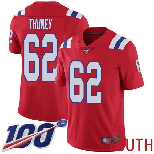 New England Patriots Football 62 Vapor Untouchable 100th Season Limited Red Youth Joe Thuney Alternate NFL Jersey